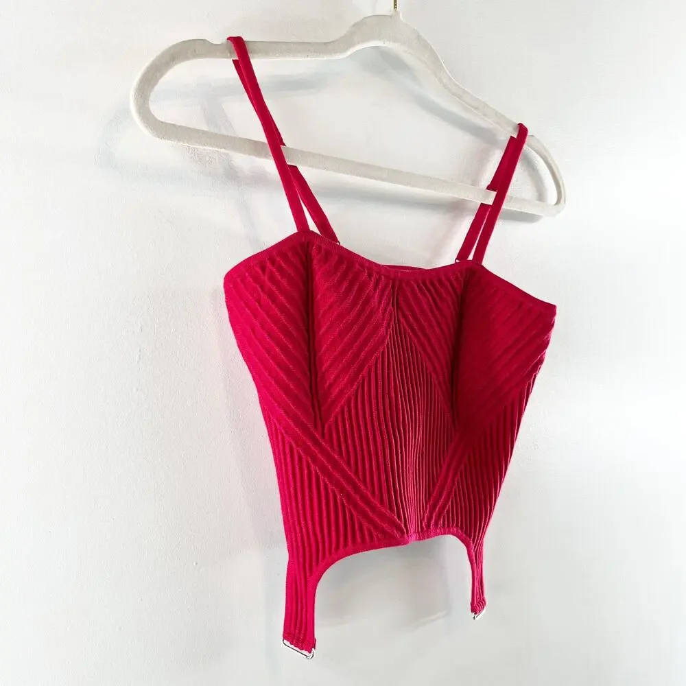 ALO Yoga Denim Knit Garter Ribbed Tank Top in Bold Red Small